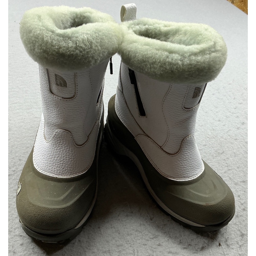 The North Face Snow Boots Leather Faux Fur Trim Winter Grip Olive White Womens